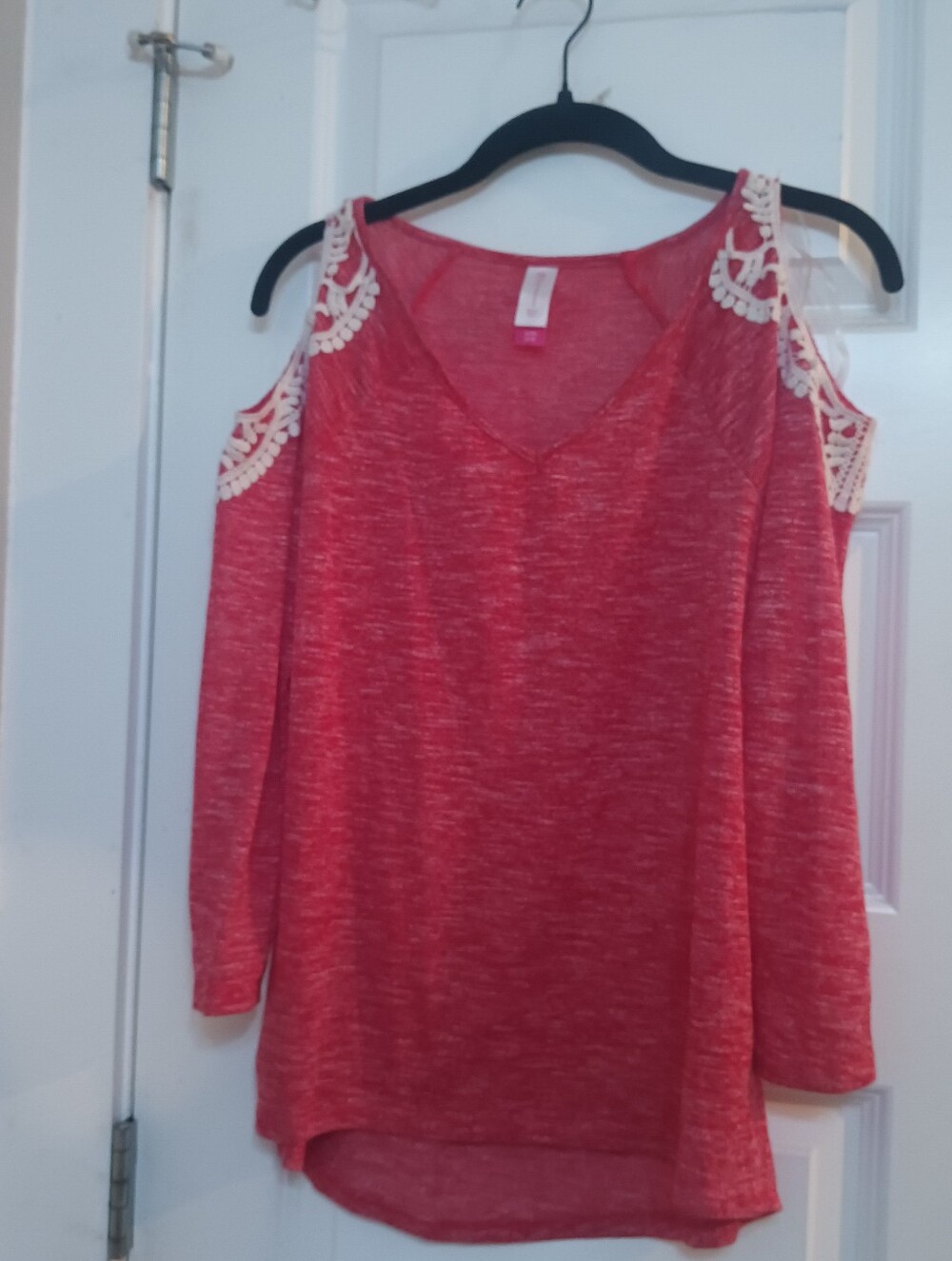 No Boundaries Red Cold-Shoulder Long Sleeve Top with Cream Crochet